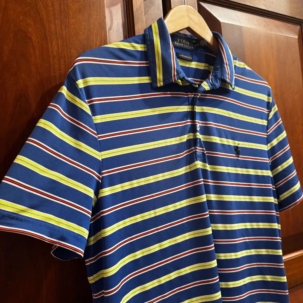 Polo Ralph Lauren Men's Performance Blue Striped Golf Stretch Polo Shirt Medium